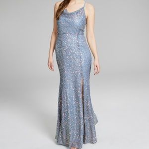 FORMAL LIGHT BLUE COWL NECK SEQUIN DRESS SIZE 1